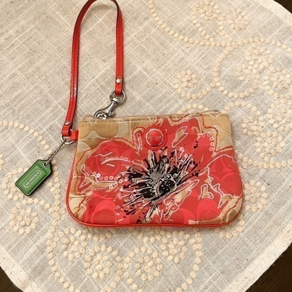Coach Wristlet - Signature Jacquard w flower applique